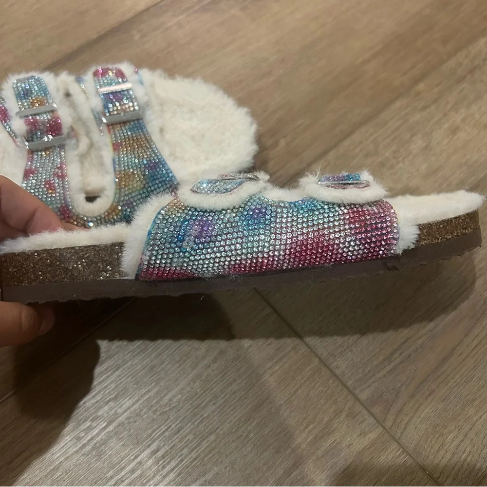 Steve Madden White Fuzzy Sandals with Multicolor Straps
